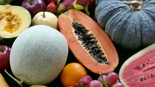 Delicious Assorted Tropical Fruits Wooden Table — Stock Video