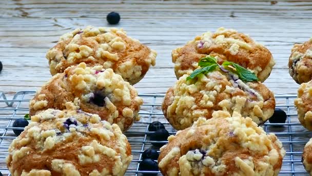 Heerlijke Zelfgemaakte Muffins Met Bosbessen Metalen Raster — Stockvideo