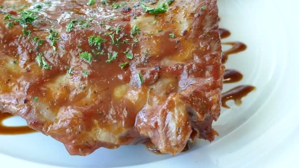 Grilled Bbq Pork Rib Steak Sauce — Stock Video