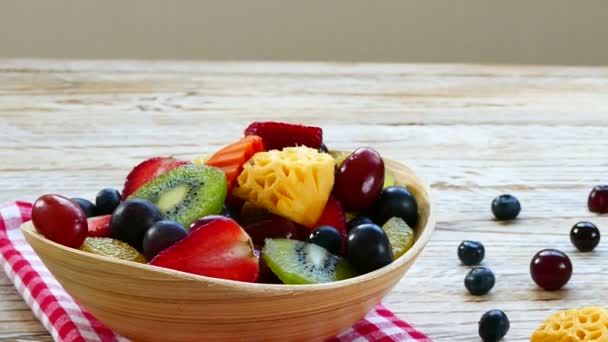 Assorted Ripe Fruits Berries Wooden Bowl Rustic Table — Stock Video