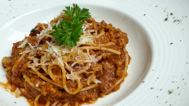 Spaghetti Bolognese Met Kip Witte Plaat — Stockvideo