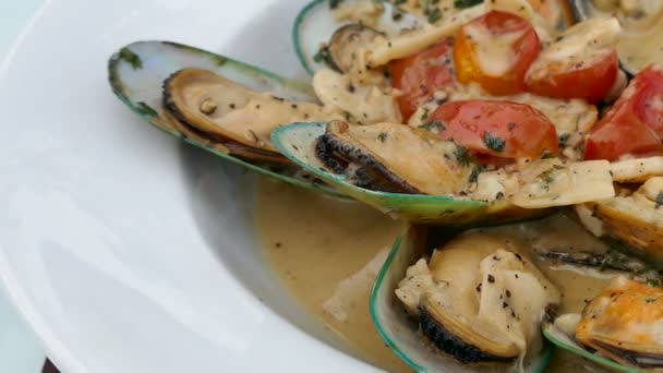 Deliciosos Mejillones Fritos Con Salsa Vino Plato Blanco — Vídeo de stock