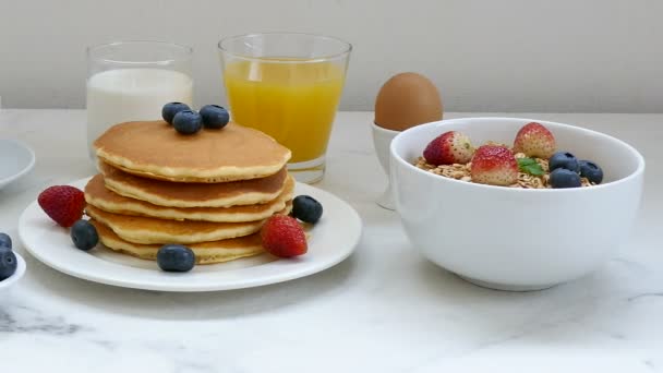 Delicious Breakfast Pancakes Fresh Berries Coffee Porridge — Stock Video