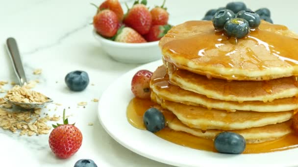 Delicious Pancakes Fresh Berries White Plate — Stock Video