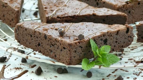Delicious Chocolate Brownie Cakes Mint Leaves — Stock Video