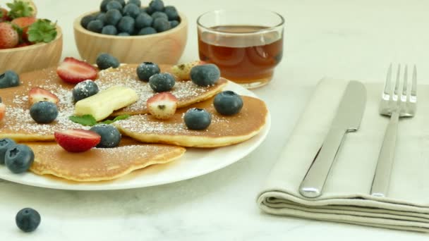 Delicious Pancakes Butter Fresh Berries White Plate — Stock Video