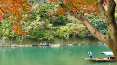 KYOTO, JAPONYA - 15 Kasım 2018: kayıkçı nehirde tekneye biniyor. Sonbahar mevsiminde Arashiyama, Kyoto, Japonya