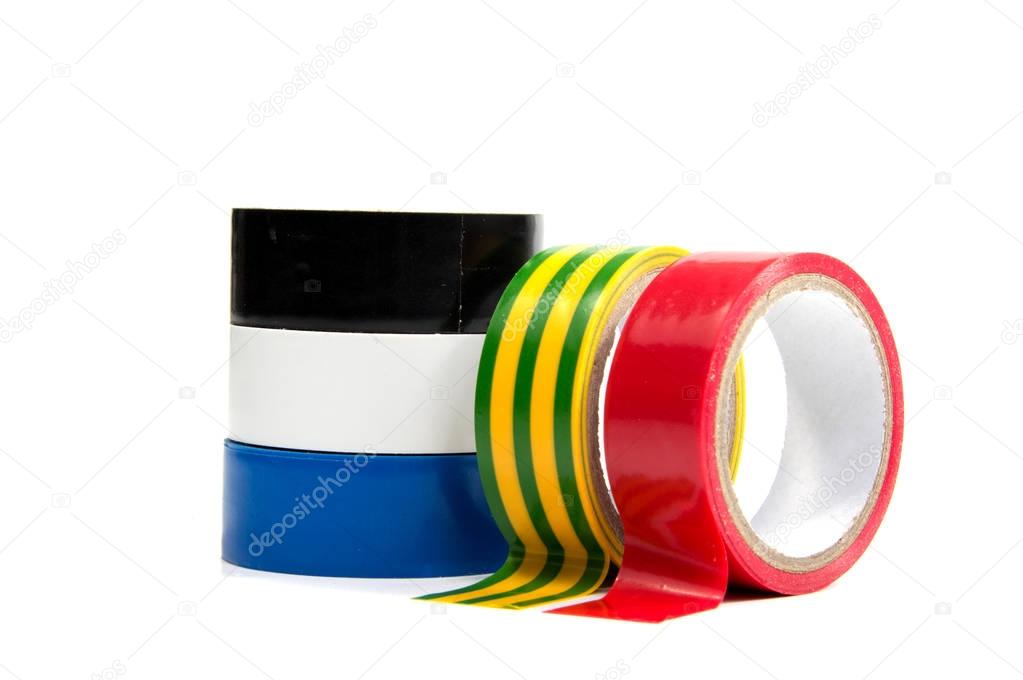 Closeup of multicolored insulating tapes isolated on white background