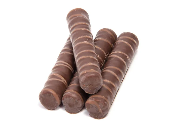 Rouleaux de plaquettes avec chocolat isolé sur blanc — Photo