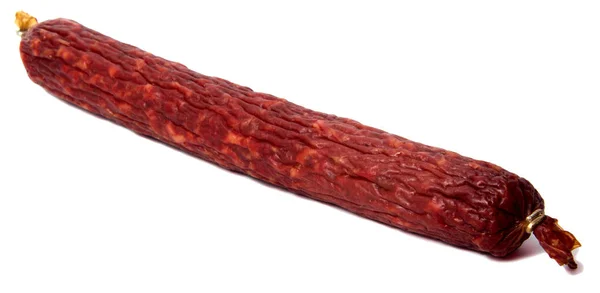 Gerookte salami worst segmenten geïsoleerd op wit — Stockfoto