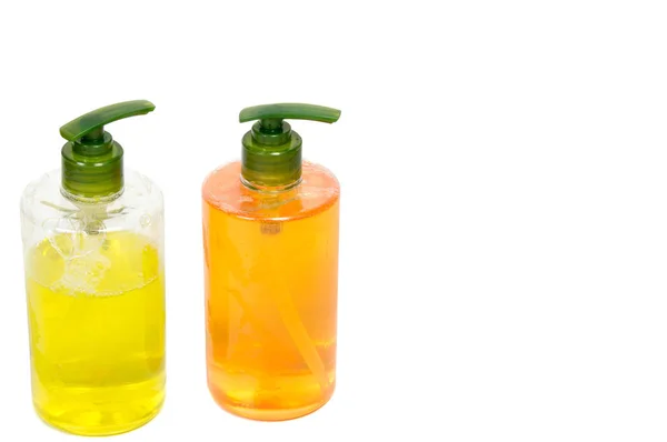Flüssigseife Flasche Gelbe Flüssigkeit Einer Flasche Isoliert Auf Weißem Hintergrund — Stockfoto
