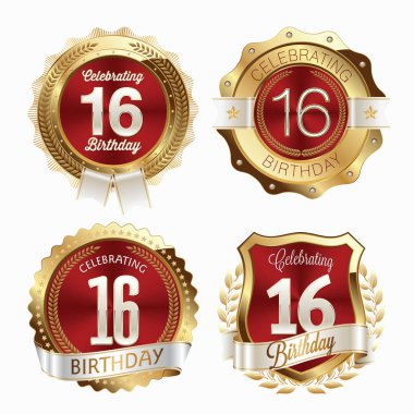 16 doğum günü kutlaması. Doğum günü rozetleri kümesi.