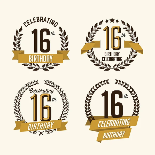 Celebración del 16º cumpleaños. Set de insignias de cumpleaños . — Vector de stock