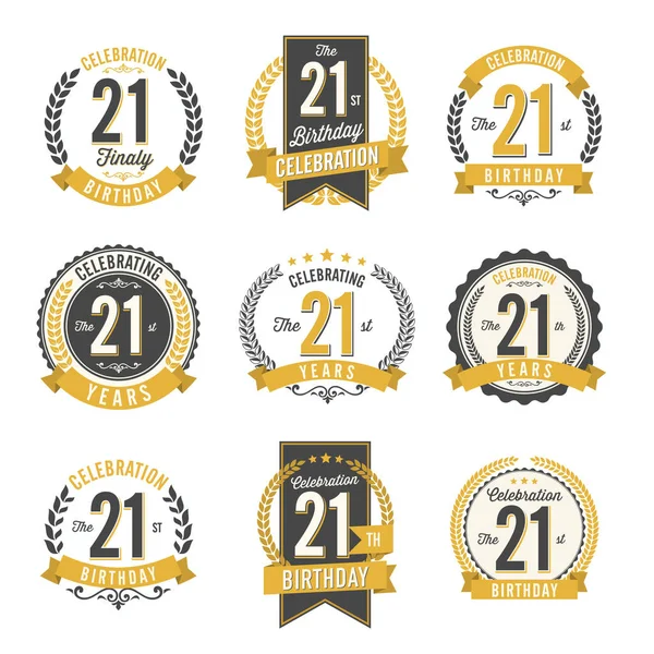 Celebración del 21 cumpleaños. Set de insignias de cumpleaños . — Vector de stock