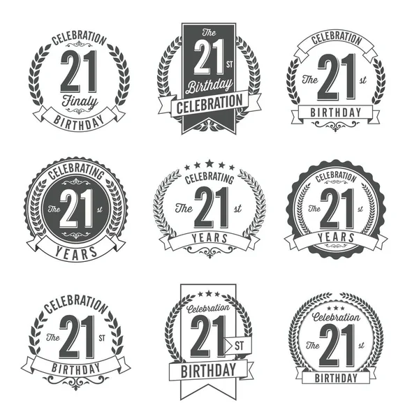 Celebración del 21 cumpleaños. Set de insignias de cumpleaños . — Vector de stock