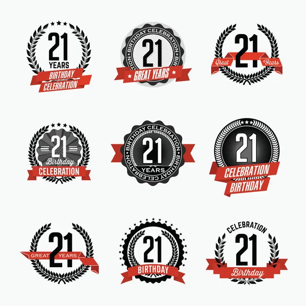 Celebração de 21 anos. Conjunto de emblemas de aniversário . — Vetor de Stock
