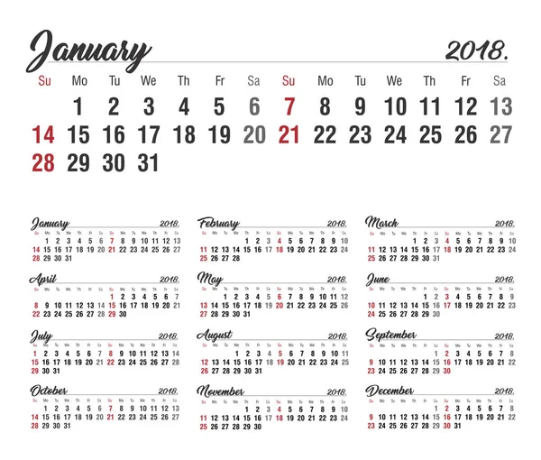 Calendario Calendario 2018 Plantilla Impresión Vectorial — Archivo Imágenes Vectoriales