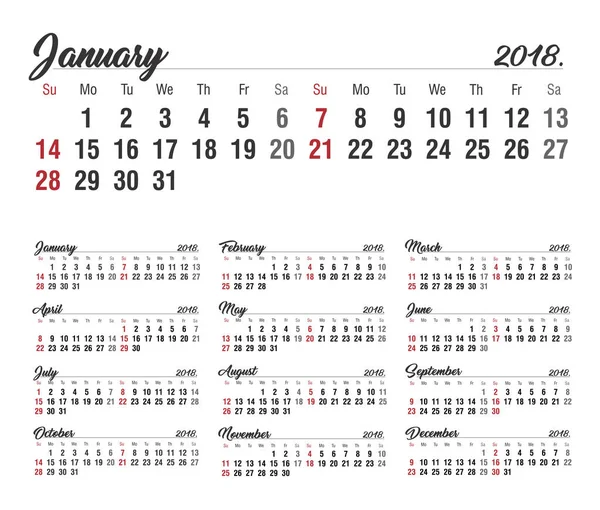 Kalender Kalender 2018 Vektor Druckvorlage — Stockvektor