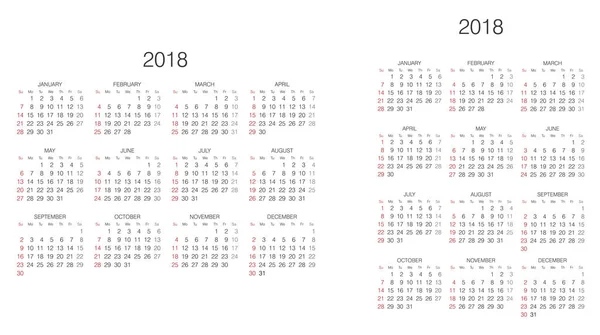 Calendário Calendário 2018 Modelo Impressão Vetorial — Vetor de Stock