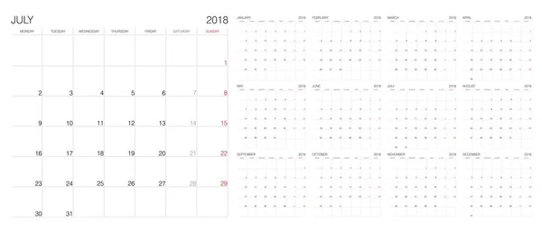 Calendario Calendario 2018 Plantilla Impresión Vectorial — Vector de stock