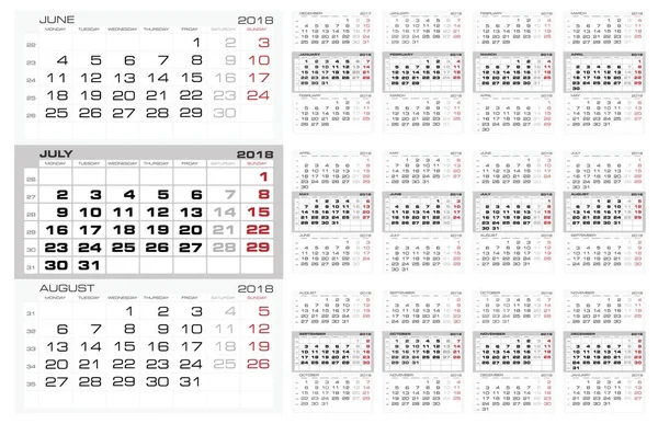 Kalender Kalender 2018 Vektor Druckvorlage — Stockvektor