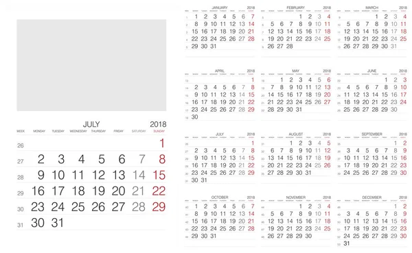 Calendário Calendário 2018 Modelo Impressão Vetorial — Vetor de Stock
