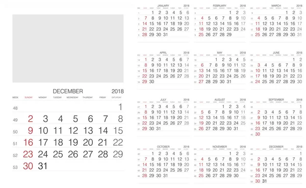 Calendário Calendário 2018 Modelo Impressão Vetorial — Vetor de Stock