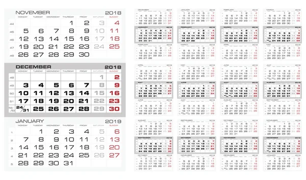 Calendário Calendário 2018 Modelo Impressão Vetorial — Vetor de Stock