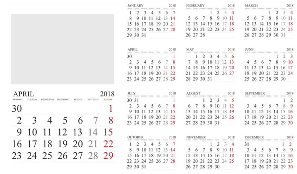 Calendário Calendário 2018 Modelo Impressão Vetorial — Vetor de Stock