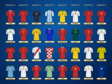 Futbol Dünya Şampiyonası formaları. 2018 futbol grupları. Vektör Jersey toplama.