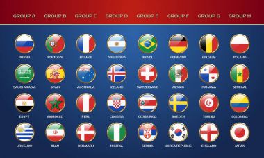 Futbol Dünya Şampiyonası 2018 gruplar. Vektör ülke bayrakları.