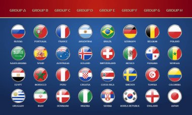 Futbol Dünya Şampiyonası 2018 gruplar. Vektör ülke bayrakları.