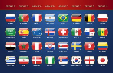 Futbol Dünya Şampiyonası 2018 gruplar. Vektör ülke bayrakları.