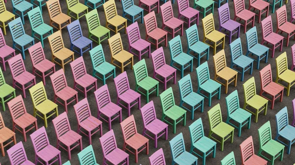 Large Isometric Colorfully Stained Array of Wooden Chairs Facing Forward
