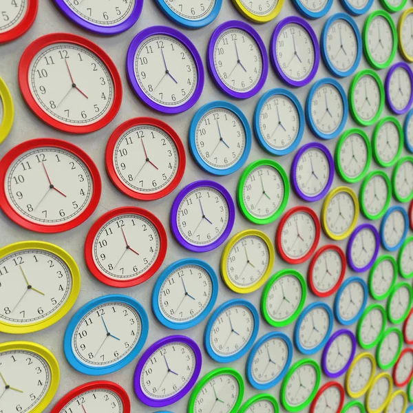 様々 な色でシンプルな時計の大規模な配列 — ストック写真