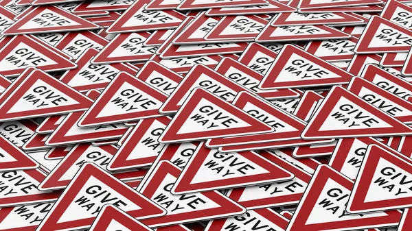 Kırmızı ve beyaz vermek yol trafik işaret levhaları yığını — Stok fotoğraf
