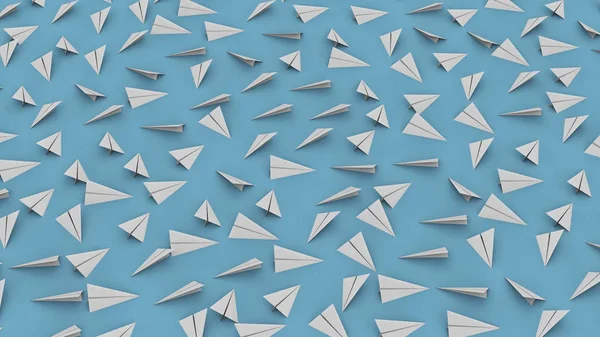 Yumuşak bir mavi yüzeyinde çok sayıda beyaz kağıt uçaklar