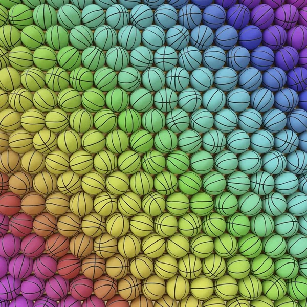 Perspectiva aérea sobre una enorme cuadrícula ordenada de pelotas de baloncesto coloridas —  Fotos de Stock