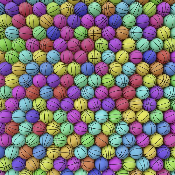 Perspectiva aérea de un gran arsenal de pelotas de baloncesto de varios colores —  Fotos de Stock