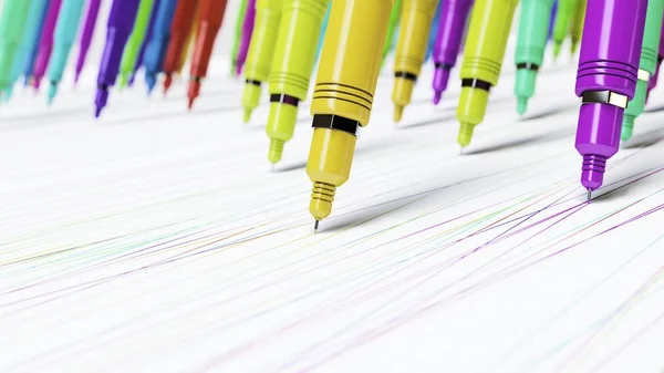 Makro bakış açısı parlak renkli Finepoint mekanik bir kesintisiz beyaz yüzey üzerinde mükemmel işaretleri yapma kalem çizim