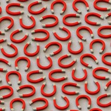 Basit bir beton yüzey üzerinde sıkı bir kılavuzda izometrik kırmızı mıknatıslar