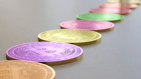 Γραμμή χρωματιστό Vibrantly Bitcoins σε απλό φως γκρι επιφάνεια — Φωτογραφία Αρχείου