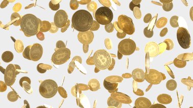 Basit ışık arka plan üzerinde çok sayıda yüzen altın Bitcoins