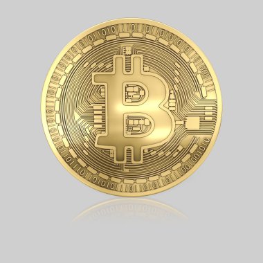 Bir ışık yansıtıcı yüzeyi izole altın Bitcoin