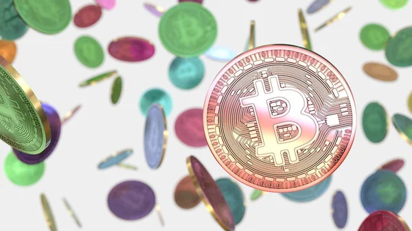 Değişik renkli Bitcoins bir boş uzayda