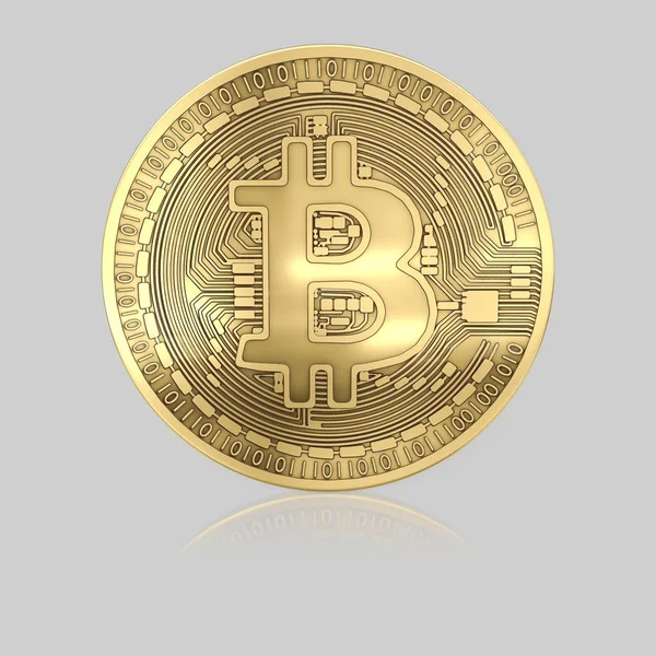Bir ışık yansıtıcı yüzeyi izole altın Bitcoin