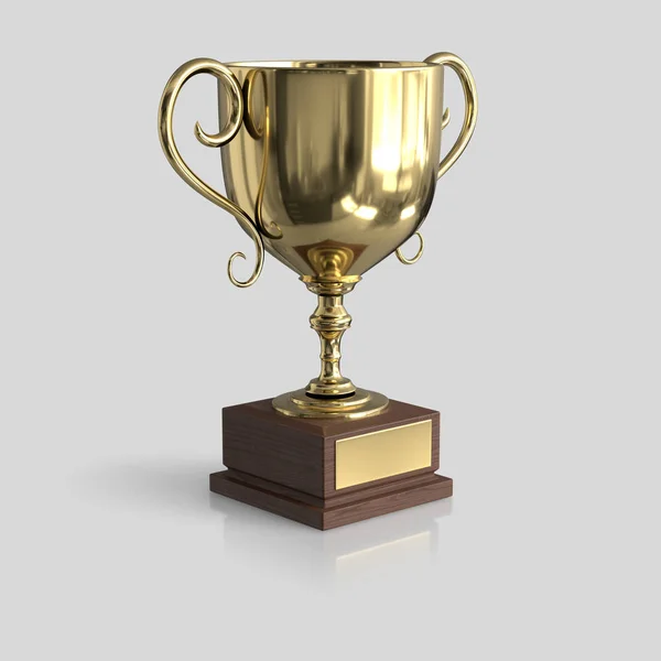 Geïsoleerde gouden trofee op een ongemarkeerd lichte achtergrond met reflectie — Stockfoto