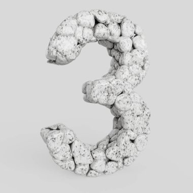 Pürüzsüz granit taşlar, pürüzsüz beyaz zeminde 3 numarayı oluşturuyor. Bu resim bir 3d oluşturucudur.