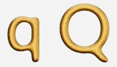 Beyaz arka planda küçük ve büyük harfli bronz bir harf. Bu resim bir 3d oluşturucudur.