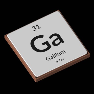 Kimyasal element Gallium 'u, atom ağırlığını, periyodik numarasını ve siyah arkaplanda sembolünü gösteren kabartmalı metal plaka. Bu resim bir 3d oluşturucudur.